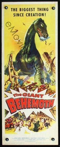 2o153 GIANT BEHEMOTH insert poster '59 cool art of brontosaurus dinosaur monster smashing city!