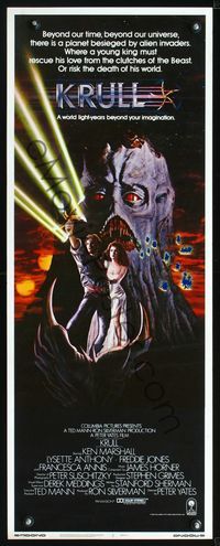 2o179 KRULL insert movie poster '83 great sci-fi fantasy art of monster holding top stars in hand!