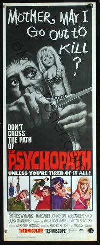 2o220 PSYCHOPATH insert movie poster '66 Robert Bloch, wild image, Mother, may I go out to kill?
