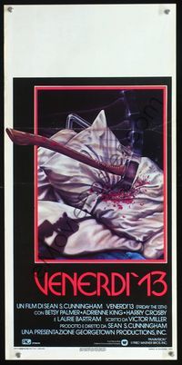 2o495 FRIDAY THE 13th Italian locandina '80 horror classic, art of bloody axe in pillow by Joann!