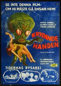 2o281 INVASION OF THE SAUCER MEN Swedish '57 different art of cabbage head alien holding sexy girl!