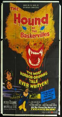 2p111 HOUND OF THE BASKERVILLES 3sheet '59 Peter Cushing, great huge blood-dripping dog artwork!