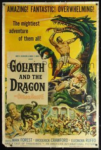 2p137 GOLIATH & THE DRAGON 40x60 '60 cool fantasy art of Mark Forest battling the giant beast!