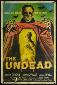2p140 UNDEAD 40x60 '57 Roger Corman, cool art of huge skeleton reaching for sexy Allison Hayes!