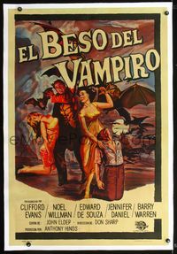 2p042 KISS OF THE VAMPIRE linen Argentinean'63 Hammer, art of giant devil bats attacking sexy girls!