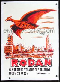 2p047 RODAN linen South American '56 cool different art of The Flying Monster over burning Tokyo!