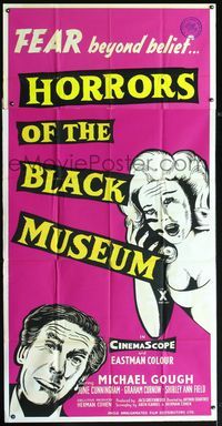2p110 HORRORS OF THE BLACK MUSEUM English three-sheet '59 June Cunningham has FEAR beyond belief!