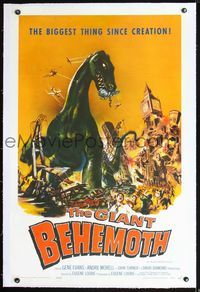 2p015 GIANT BEHEMOTH linen one-sheet '59 cool art of brontosaurus dinosaur monster smashing London!