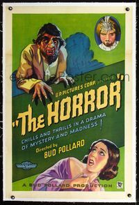 2p017 HORROR linen 1sh '32 obscure rare early talkie, cool stone litho art of monster & scared girl!