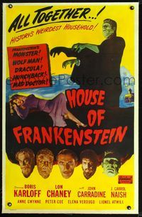 2p018 HOUSE OF FRANKENSTEIN linen 1sheet R50 Boris Karloff, Lon Chaney Jr., images of best monsters!