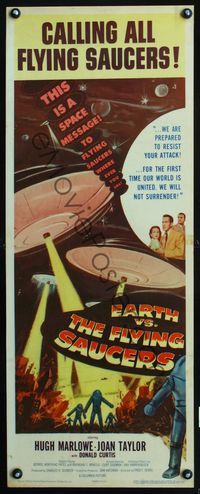 2p144 EARTH VS. THE FLYING SAUCERS laminated insert '56 sci-fi classic, cool art of UFOs & aliens!