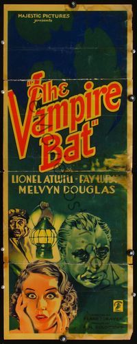 2p141 VAMPIRE BAT insert movie poster '33 art of Lionel Atwill & terrified Fay Wray!