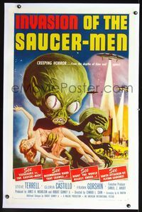 2p002 INVASION OF THE SAUCER MEN linen 1sh '57 classic Kallis art of cabbage head aliens & sexy girl