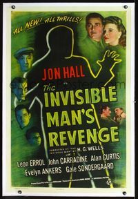 2p019 INVISIBLE MAN'S REVENGE linen 1sh '44 H.G. Wells, cool invisible silhouette image & headshots!