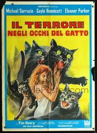 2p228 EYE OF THE CAT Italian 1p '69 wacky art of felines attacking Gayle Hunnicut by A. Spagnolli!