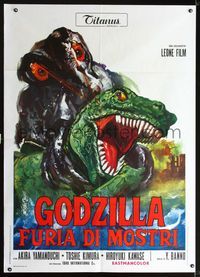 2p230 GODZILLA VS. THE SMOG MONSTER Italian 1p '71 Gojira tai Hedora, best monster battle artwork!