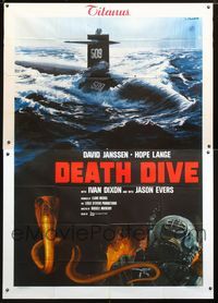 2p253 DEATH DIVE Italian 2panel '74 cool art of submarine, deep sea diver & huge snake by Crovato!