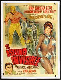 2p051 EL ASESINO INVISIBLE linen Mexican poster '65 art of wrestler & invisible monster + sexy babe!