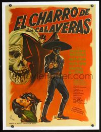 2p052 EL CHARRO DE LAS CALAVERAS linen Mexican poster '65 cool art of masked hero & monster by Rezo!