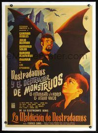 2p057 NOSTRADAMUS Y EL DESTRUCTOR DE MONSTRUOS linen Mexican poster '62 cool vampire art by Mendoza!