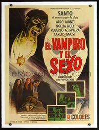 2p058 SANTO EN EL TESORO DE DRACULA linen Mexican poster '69 vampire art by Mendoza + masked wrestler!