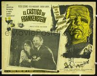 2p266 EVIL OF FRANKENSTEIN Mexican lobby card '64 Peter Cushing, cool border art of the monster!