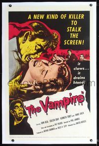 2p030 VAMPIRE linen 1sh '57 John Beal, it claws, it drains blood, cool art of monster & victim!