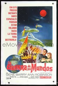 2p033 WAR OF THE WORLDS linen Spanish/U.S. 1sheet R65 great different art of spaceships attacking Earth!