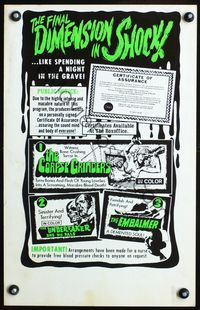 2p155 FINAL DIMENSION IN SHOCK window card '72 Corpse Grinders, Embalmer, Undertaker & His Pals!
