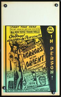 2p069 HORRORS OF THE ORIENT Spook Show window card '60s Wolfman & Hunchback on stage in person!