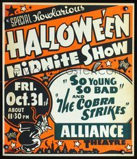 2p063 HALLOWEEN MIDNITE SHOW Spook Show jumbo window card '50s Oct. 31, howlarious, cool design!