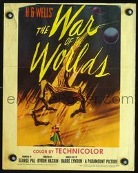 2p167 WAR OF THE WORLDS movie window card '53 H.G. Wells classic produced by George Pal, best art!