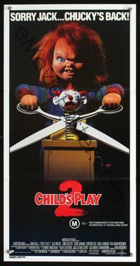 2q130 CHILD'S PLAY 2 Aust daybill '90 great image of Chucky cutting jack-in-the-box with scissors!