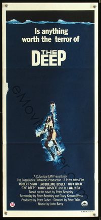 2q141 DEEP Australian daybill poster '77 artwork of sexy swimming scuba diver Jacqueline Bisset!