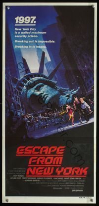 2q147 ESCAPE FROM NEW YORK Aust daybill '81 Carpenter, art of decapitated Lady Liberty by Barry E. Jackson!