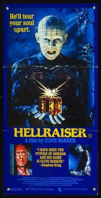 2q166 HELLRAISER Aust daybill '87 Clive Barker, great image of Pinhead, he'll tear your soul apart!