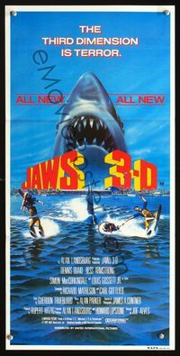 2q177 JAWS 3-D Aust daybill '83 great Gary Meyer shark artwork, the third dimension is terror!