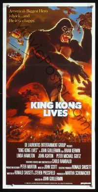 2q182 KING KONG LIVES Australian daybill '86 great artwork of huge unhappy ape attacked by army!