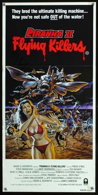 2q208 PIRANHA 2 THE SPAWNING Aust daybill 1982 art of Flying Killer fish attacking people on beach!