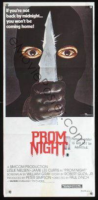 2q214 PROM NIGHT Australian daybill '80 Jamie Lee Curtis won't be coming home, wild horror art!