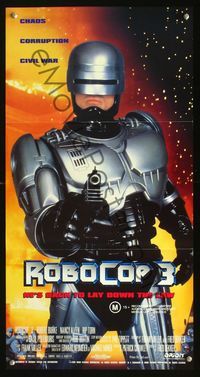 2q221 ROBOCOP 3 Australian daybill '93 great close up of cyborg cop Robert Burke pointing gun!