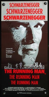 2q223 RUNNING MAN Australian daybill poster '87 huge close up headshot of Arnold Schwarzenegger!