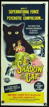 2q225 SHADOW OF THE CAT Aust daybill '61 cool stone litho art of Barbara Shelley & huge black cat!