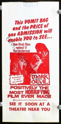 2q007 MARK OF THE DEVIL movie vomit bag '70 most horrifying film guaranteed to upset your stomach!