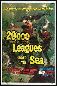 2r023 20,000 LEAGUES UNDER THE SEA one-sheet R71 Jules Verne underwater classic, wonderful art!