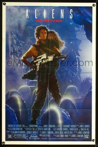 2r047 ALIENS one-sheet '86 James Cameron, Sigourney Weaver holding girl & gun, this time it's war!
