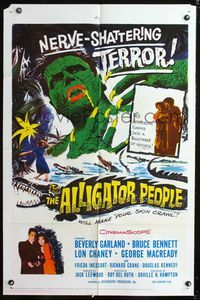 2r054 ALLIGATOR PEOPLE one-sheet '59 Beverly Garland, Lon Chaney, they'll make your skin crawl!