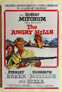 2r064 ANGRY HILLS one-sheet '59 Robert Aldrich, artwork of Robert Mitchum with big machine gun!