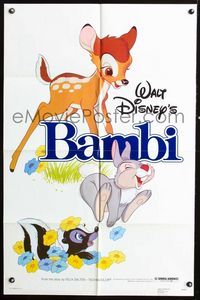 2r082 BAMBI one-sheet poster R82 Walt Disney cartoon deer classic, great image of forest animals!