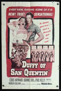 2r231 DUFFY OF SAN QUENTIN 1sheet '54 Louis Hayward holds sexy nurse hostage, prison escape artwork!